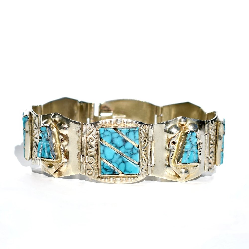 Mexican Vintage 60's Turquoise Links Panel Bracelet